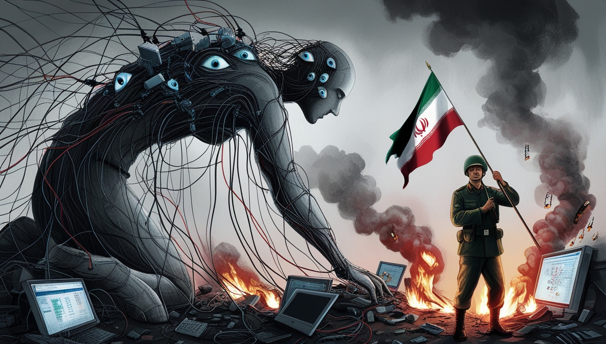 Ilustrasi editorial tentang kegagalan intelijen Barat melawan Iran dalam perang hibrida, menampilkan sosok simbolik yang runtuh di hadapan keteguhan Iran.