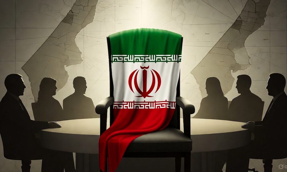 Ilustrasi editorial realistis menampilkan kursi kosong Iran di meja KTT Sharm El-Sheikh, dengan bayangan pemimpin Barat dan Arab di sekitarnya, peta Gaza samar di latar belakang, menekankan ketegangan geopolitik.