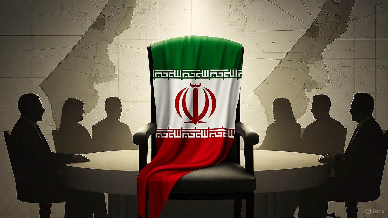 Ilustrasi editorial realistis menampilkan kursi kosong Iran di meja KTT Sharm El-Sheikh, dengan bayangan pemimpin Barat dan Arab di sekitarnya, peta Gaza samar di latar belakang, menekankan ketegangan geopolitik.