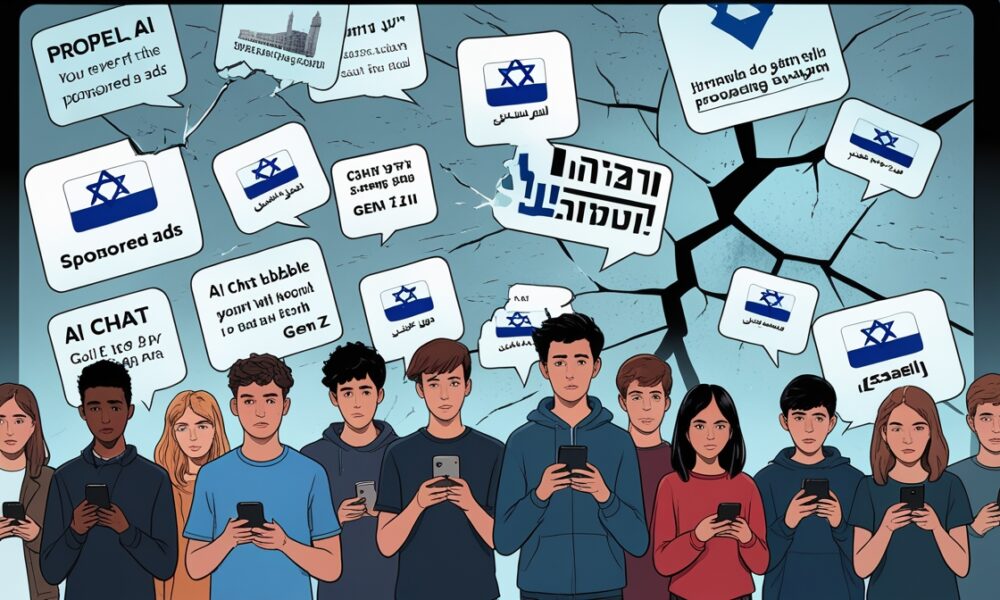 Ilustrasi editorial layar digital besar penuh propaganda Israel yang retak, memperlihatkan kebenaran Gaza di baliknya, sementara anak muda menatap dengan skeptis.