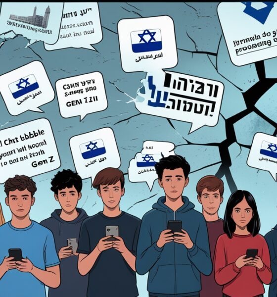 Ilustrasi editorial layar digital besar penuh propaganda Israel yang retak, memperlihatkan kebenaran Gaza di baliknya, sementara anak muda menatap dengan skeptis.