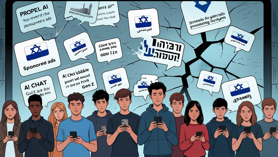 Ilustrasi editorial layar digital besar penuh propaganda Israel yang retak, memperlihatkan kebenaran Gaza di baliknya, sementara anak muda menatap dengan skeptis.