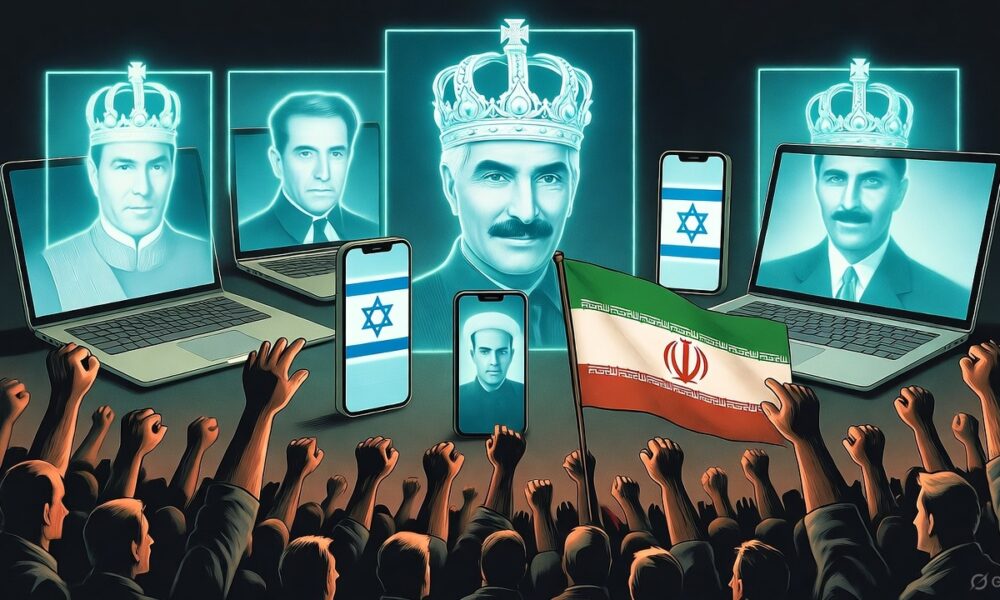 Ilustrasi editorial yang menampilkan propaganda digital Israel dengan bayangan Reza Pahlavi bermahkota, berhadapan dengan kerumunan rakyat Iran yang mengibarkan bendera Iran dan Palestina sebagai simbol nasionalisme.