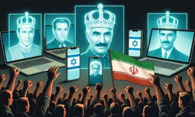 Ilustrasi editorial yang menampilkan propaganda digital Israel dengan bayangan Reza Pahlavi bermahkota, berhadapan dengan kerumunan rakyat Iran yang mengibarkan bendera Iran dan Palestina sebagai simbol nasionalisme.
