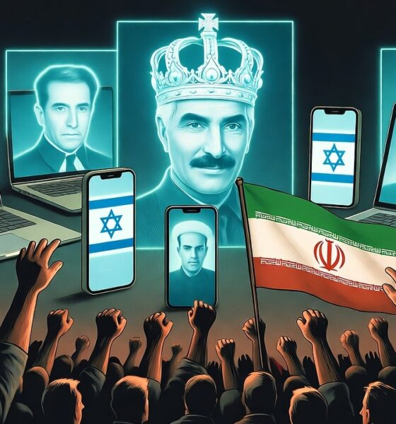 Ilustrasi editorial yang menampilkan propaganda digital Israel dengan bayangan Reza Pahlavi bermahkota, berhadapan dengan kerumunan rakyat Iran yang mengibarkan bendera Iran dan Palestina sebagai simbol nasionalisme.