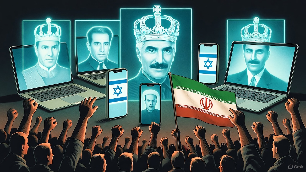 Ilustrasi editorial yang menampilkan propaganda digital Israel dengan bayangan Reza Pahlavi bermahkota, berhadapan dengan kerumunan rakyat Iran yang mengibarkan bendera Iran dan Palestina sebagai simbol nasionalisme.