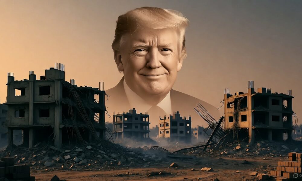 Ruins of Gaza under a gradient sky featuring Donald Trump’s faint smiling face in the background.