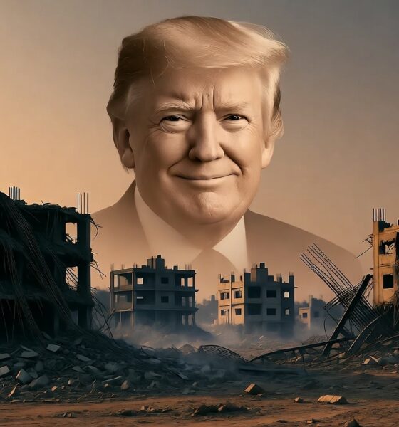 Ruins of Gaza under a gradient sky featuring Donald Trump’s faint smiling face in the background.
