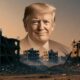 Ruins of Gaza under a gradient sky featuring Donald Trump’s faint smiling face in the background.