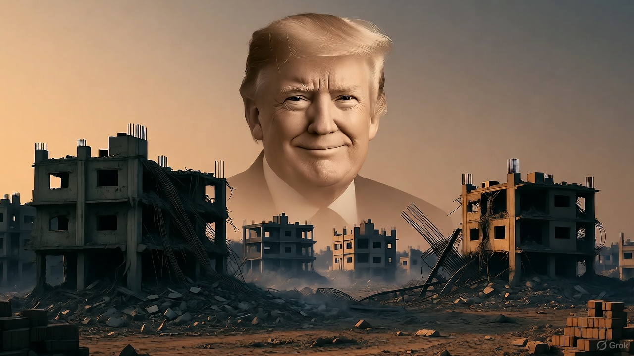 Ruins of Gaza under a gradient sky featuring Donald Trump’s faint smiling face in the background.