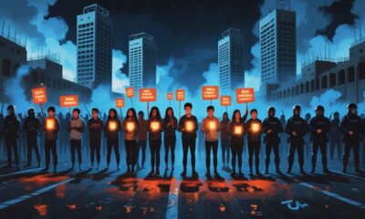 Ilustrasi editorial menggambarkan demonstrasi Gen Z di Maroko pada malam hari. Sekelompok anak muda memegang ponsel yang bercahaya, menyorotkan slogan “Mana Rumah Sakit?” ke udara. Di belakang mereka berdiri bangunan stadion yang belum selesai, menjulang di atas rumah sakit yang runtuh. Polisi antihuru-hara tampak dalam bayangan dengan gas air mata, sementara ikon digital seperti WiFi dan TikTok samar terlihat di asap.