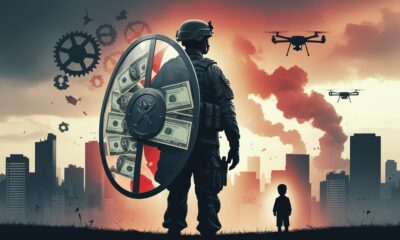 Editorial poster illustrating the illusion of self-defense in modern wars through abstract symbols of power and innocence.