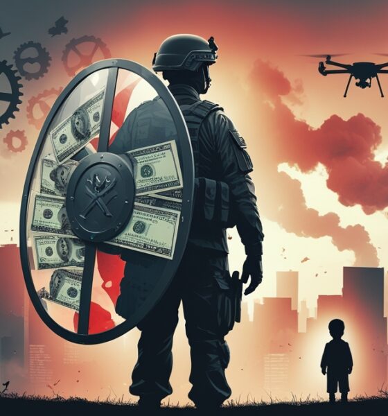 Editorial poster illustrating the illusion of self-defense in modern wars through abstract symbols of power and innocence.