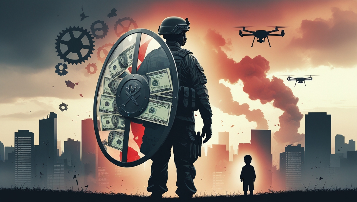 Editorial poster illustrating the illusion of self-defense in modern wars through abstract symbols of power and innocence.