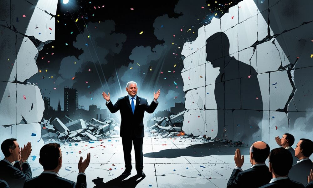 Netanyahu celebrates “victory” amid Gaza’s ruins, symbolizing false triumph.