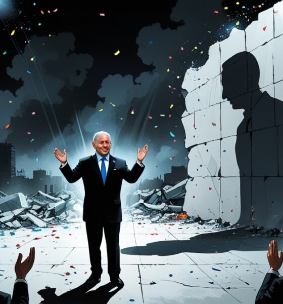 Netanyahu celebrates “victory” amid Gaza’s ruins, symbolizing false triumph.