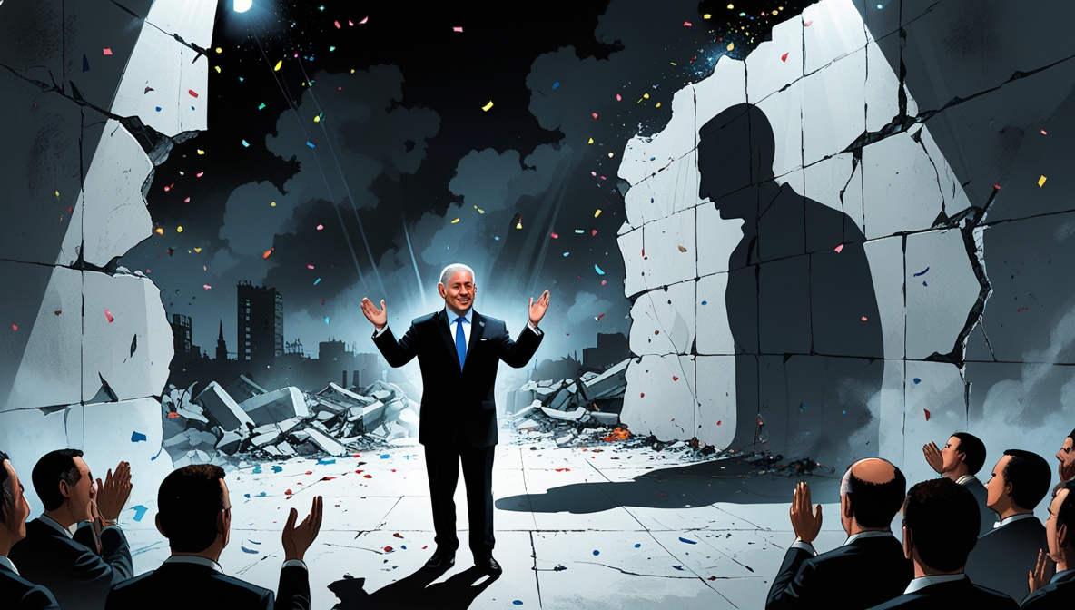 Netanyahu celebrates “victory” amid Gaza’s ruins, symbolizing false triumph.