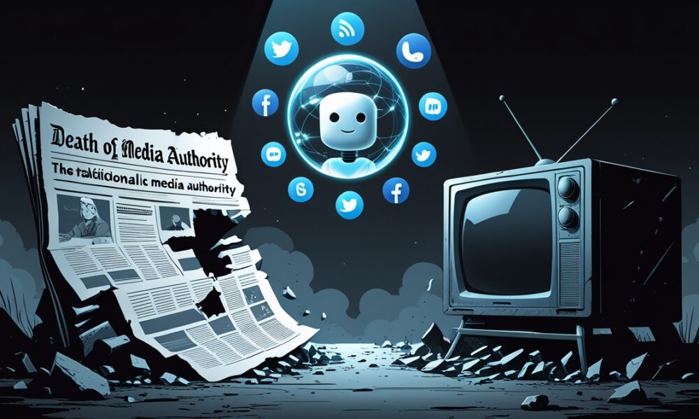 Ilustrasi media tradisional runtuh di era AI, koran dan televisi hancur sementara simbol AI dan media sosial bangkit.