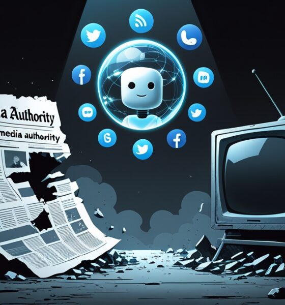 Ilustrasi media tradisional runtuh di era AI, koran dan televisi hancur sementara simbol AI dan media sosial bangkit.