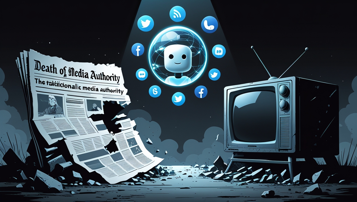 Ilustrasi media tradisional runtuh di era AI, koran dan televisi hancur sementara simbol AI dan media sosial bangkit.