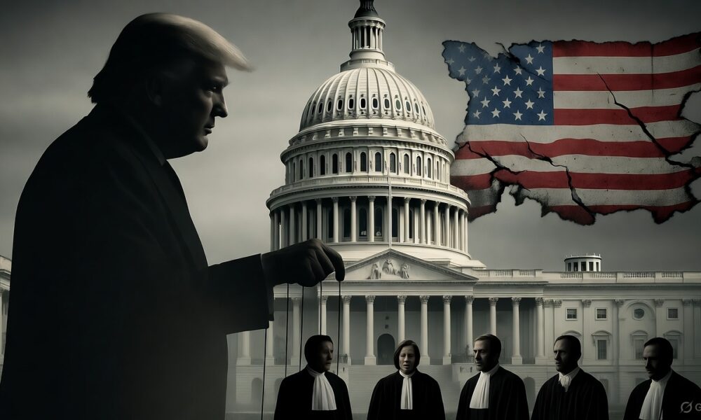 Ilustrasi simbolik gedung Capitol retak dengan bayangan Trump mengendalikan hakim dan jaksa sebagai boneka.