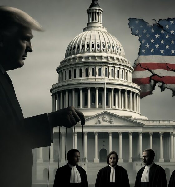 Ilustrasi simbolik gedung Capitol retak dengan bayangan Trump mengendalikan hakim dan jaksa sebagai boneka.