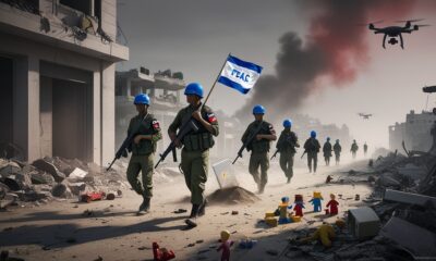 Tentara Indonesia berseragam PBB berjalan di reruntuhan Gaza dengan langit merah kelabu dan simbol perdamaian di tengah kehancuran.