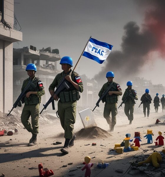 Tentara Indonesia berseragam PBB berjalan di reruntuhan Gaza dengan langit merah kelabu dan simbol perdamaian di tengah kehancuran.