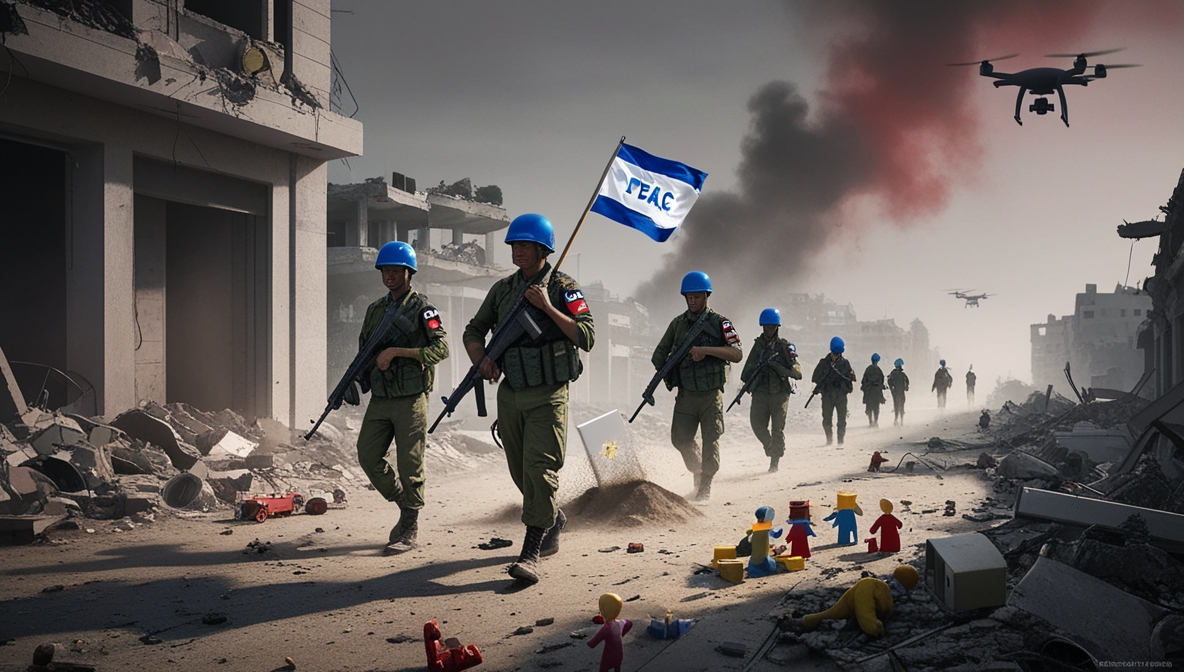 Tentara Indonesia berseragam PBB berjalan di reruntuhan Gaza dengan langit merah kelabu dan simbol perdamaian di tengah kehancuran.