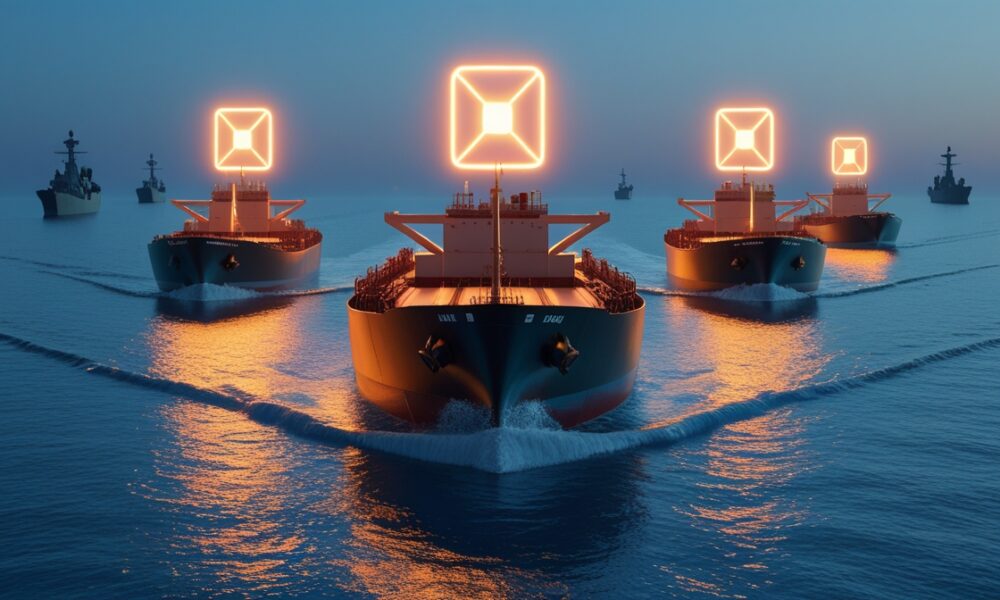 Editorial illustration of Iranian tankers sending AIS signals amid global sanctions.