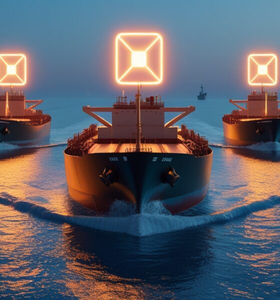 Editorial illustration of Iranian tankers sending AIS signals amid global sanctions.