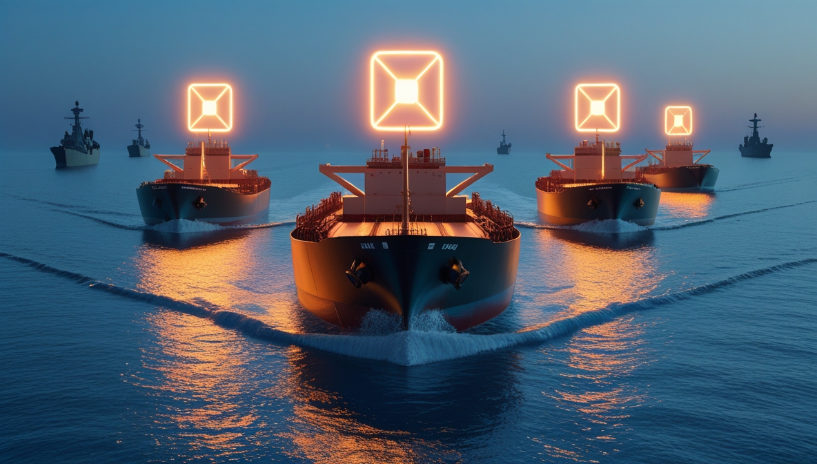 Editorial illustration of Iranian tankers sending AIS signals amid global sanctions.