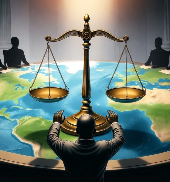 Symbolic illustration of a nation demanding global justice and accountability.