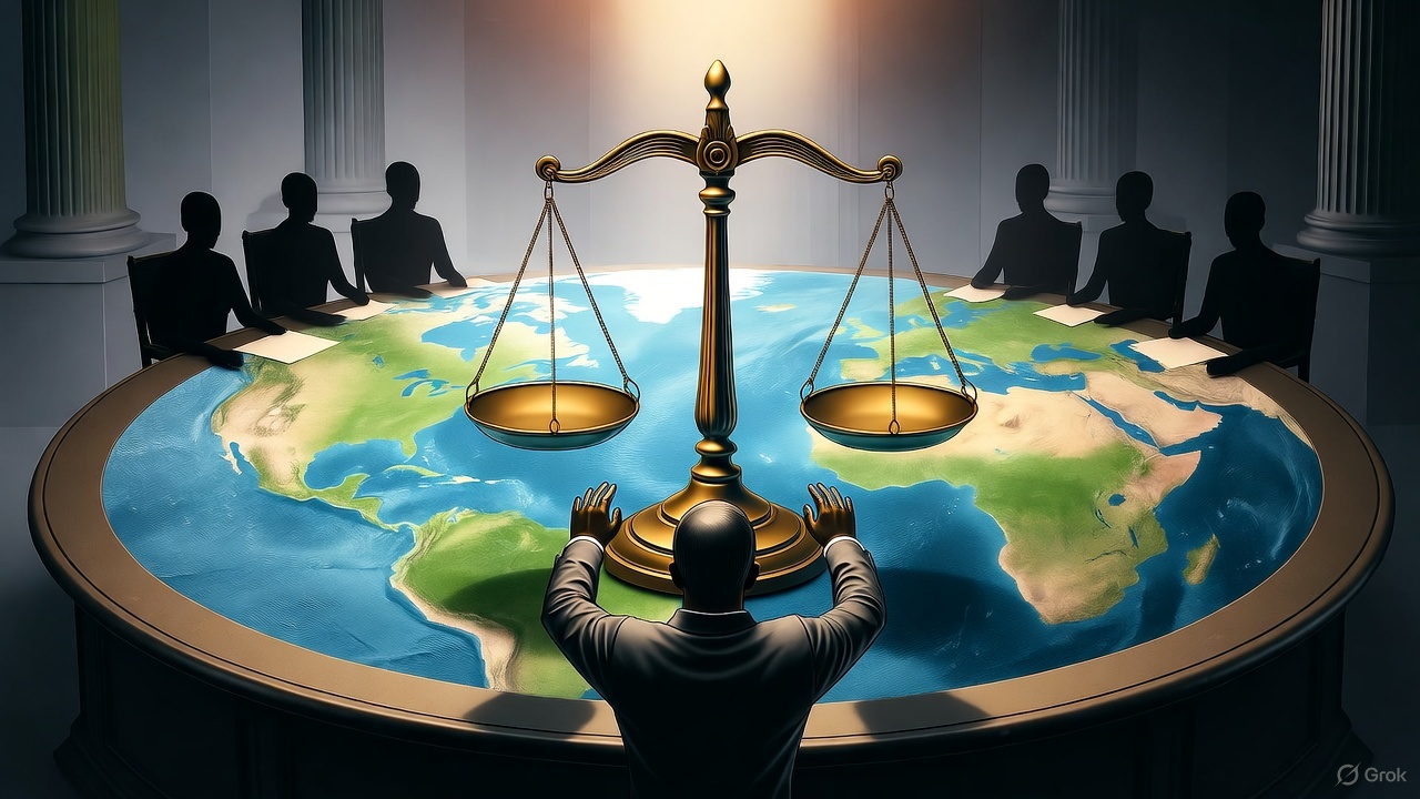 Symbolic illustration of a nation demanding global justice and accountability.