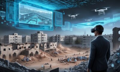 Ilustrasi editorial menggambarkan Gaza yang hancur di bawah langit digital dengan hologram perang buatan, menunjukkan ironi ketika kebohongan teknologi digunakan sebagai senjata untuk membenarkan kekerasan.