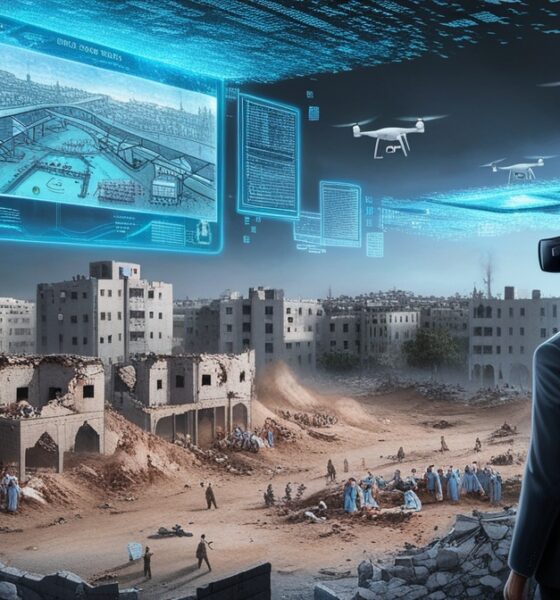 Ilustrasi editorial menggambarkan Gaza yang hancur di bawah langit digital dengan hologram perang buatan, menunjukkan ironi ketika kebohongan teknologi digunakan sebagai senjata untuk membenarkan kekerasan.