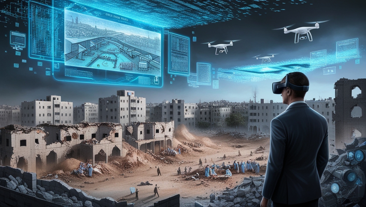 Ilustrasi editorial menggambarkan Gaza yang hancur di bawah langit digital dengan hologram perang buatan, menunjukkan ironi ketika kebohongan teknologi digunakan sebagai senjata untuk membenarkan kekerasan.