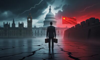 Editorial illustration of London caught between U.S. and China influence, symbolizing espionage, investment, and political tension.