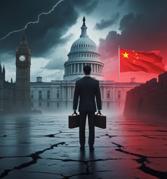 Editorial illustration of London caught between U.S. and China influence, symbolizing espionage, investment, and political tension.