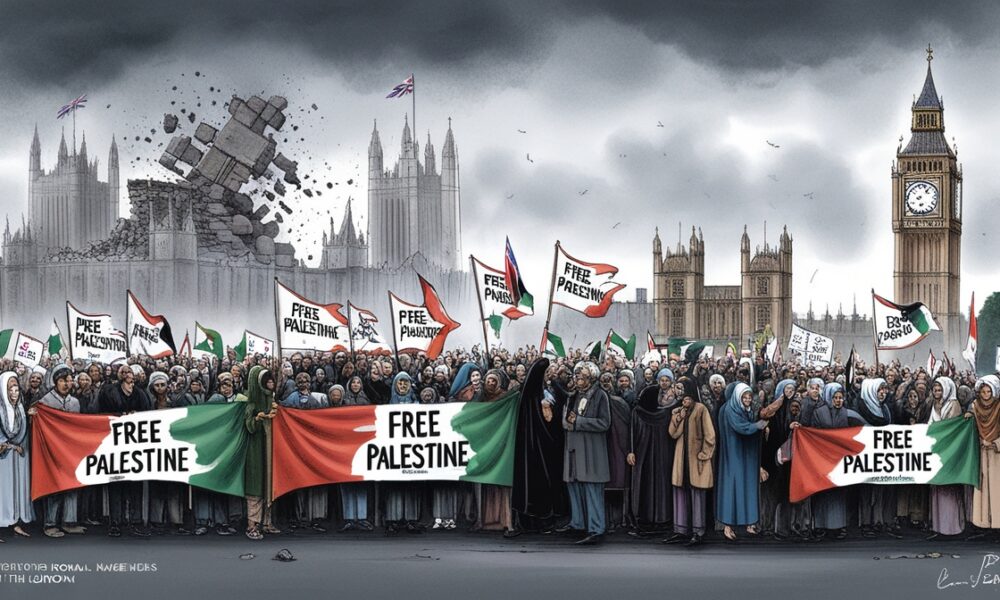 Ilustrasi editorial protes warga Inggris di depan Parlemen London menolak genosida Gaza, memegang bendera Palestina di bawah langit kelabu.