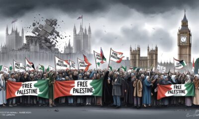 Ilustrasi editorial protes warga Inggris di depan Parlemen London menolak genosida Gaza, memegang bendera Palestina di bawah langit kelabu.