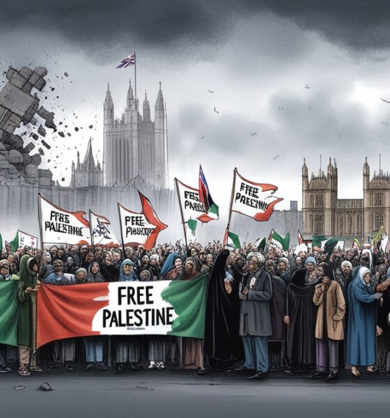 Ilustrasi editorial protes warga Inggris di depan Parlemen London menolak genosida Gaza, memegang bendera Palestina di bawah langit kelabu.