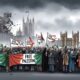 Ilustrasi editorial protes warga Inggris di depan Parlemen London menolak genosida Gaza, memegang bendera Palestina di bawah langit kelabu.