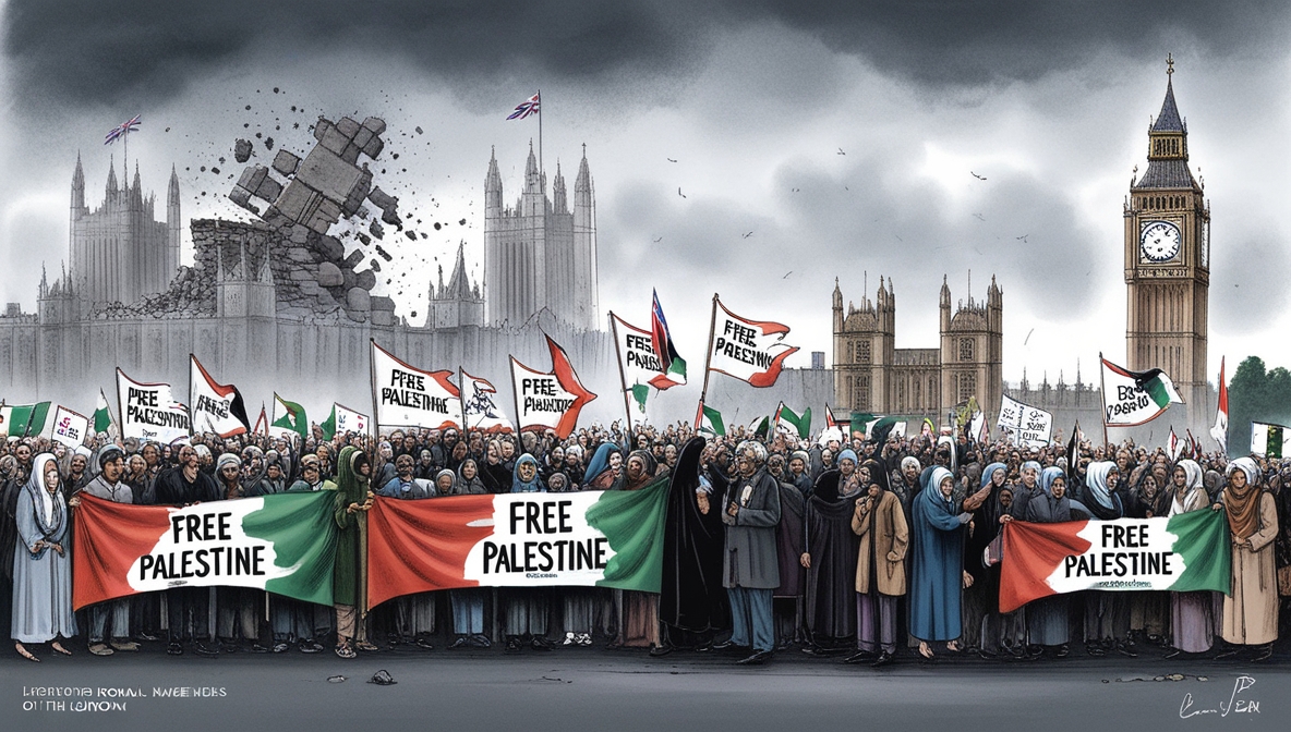 Ilustrasi editorial protes warga Inggris di depan Parlemen London menolak genosida Gaza, memegang bendera Palestina di bawah langit kelabu.
