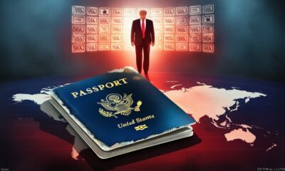 Ilustrasi paspor Amerika yang memudar di atas peta dunia, menggambarkan menurunnya kekuatan dan kepercayaan global terhadap AS.