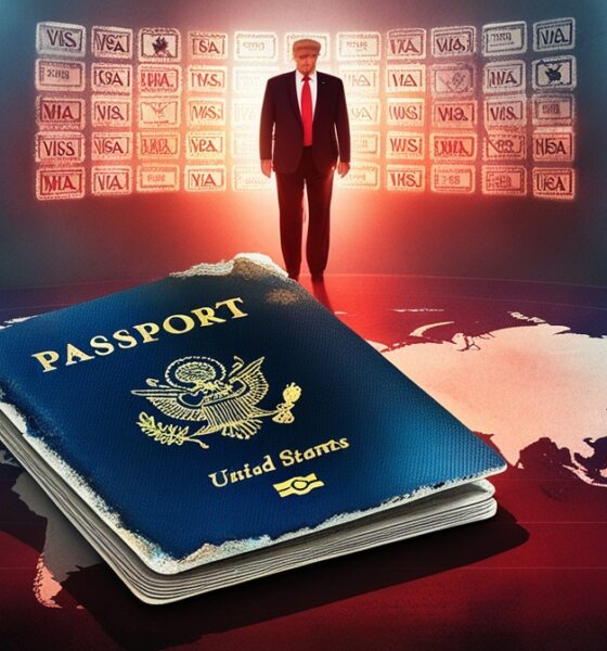 Ilustrasi paspor Amerika yang memudar di atas peta dunia, menggambarkan menurunnya kekuatan dan kepercayaan global terhadap AS.