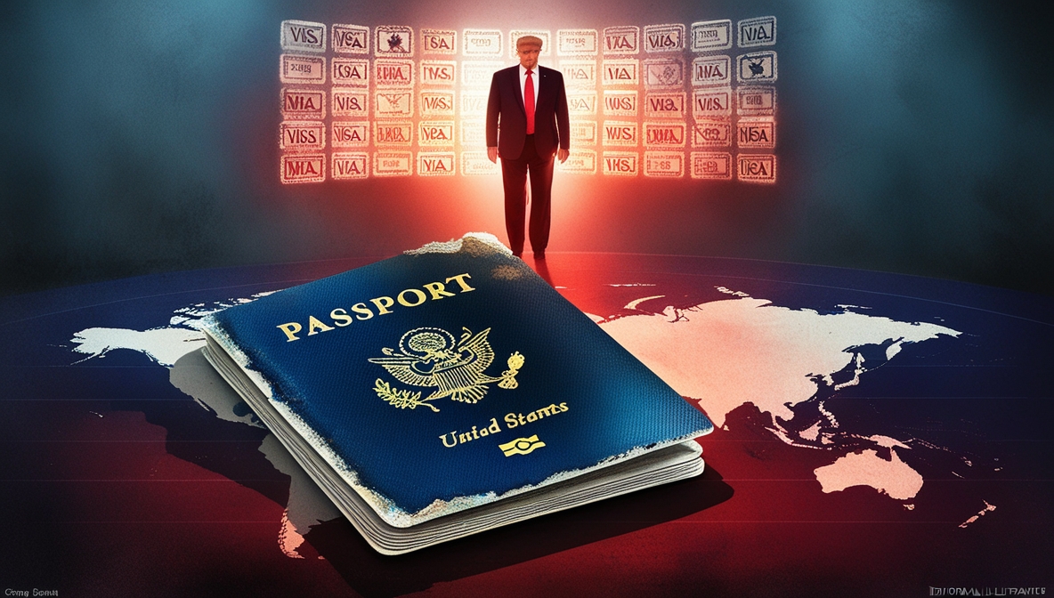 Ilustrasi paspor Amerika yang memudar di atas peta dunia, menggambarkan menurunnya kekuatan dan kepercayaan global terhadap AS.