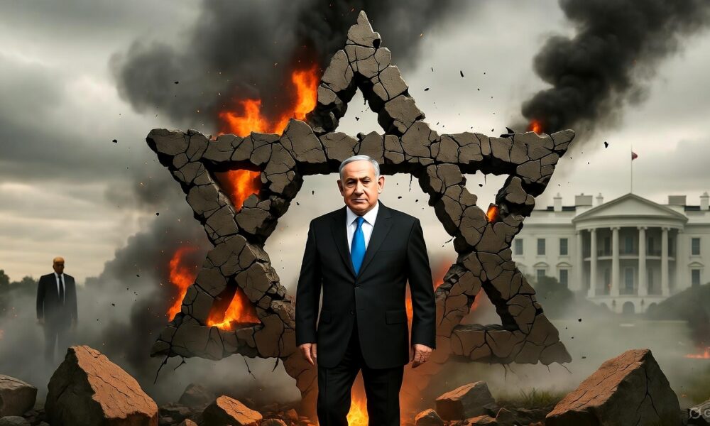 Ilustrasi editorial menampilkan Benjamin Netanyahu berdiri di antara reruntuhan benteng yang terbakar, simbol kehancuran politiknya setelah perang berhenti, dengan siluet Donald Trump mengawasi dari kejauhan.