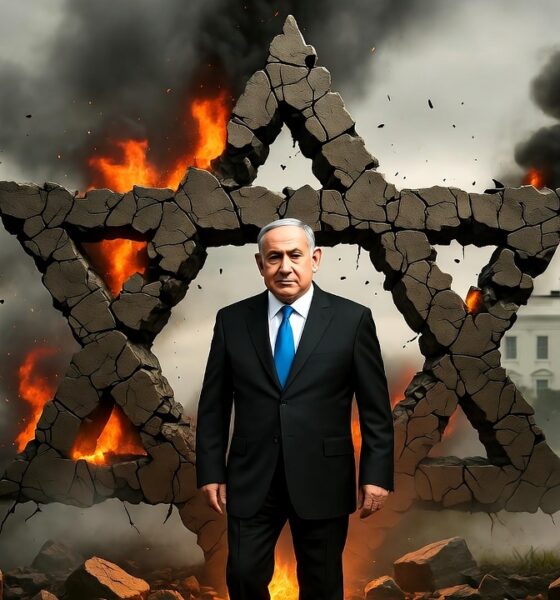 Ilustrasi editorial menampilkan Benjamin Netanyahu berdiri di antara reruntuhan benteng yang terbakar, simbol kehancuran politiknya setelah perang berhenti, dengan siluet Donald Trump mengawasi dari kejauhan.