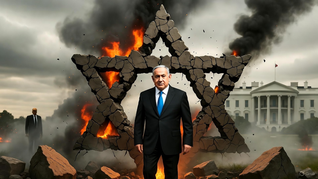 Ilustrasi editorial menampilkan Benjamin Netanyahu berdiri di antara reruntuhan benteng yang terbakar, simbol kehancuran politiknya setelah perang berhenti, dengan siluet Donald Trump mengawasi dari kejauhan.